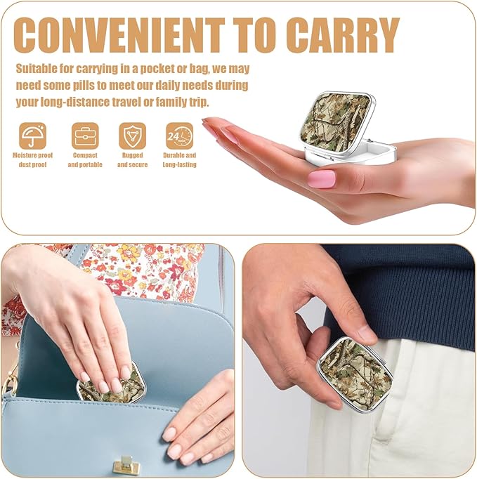 Pill Box-2 Compartment Small Pill Case Square Organizer Case with Mirror Portable Metal Medicine Box Travel Container for Pocket & Purse Women Men(Camo Forest)