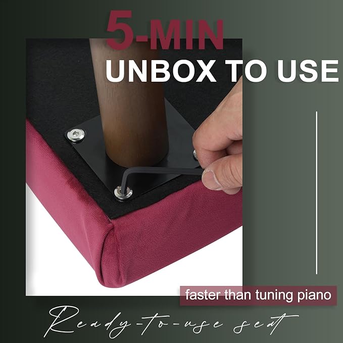 AKLOT Velvet Upholstered Piano Bench: Rubberwood Legs with 300-Pound Load Capacity, Ergonomically Set Seat Height, Easy Assembly, Purpose Keyboard Stool for Vanity, Bedroom and Living Room (Wine Red)