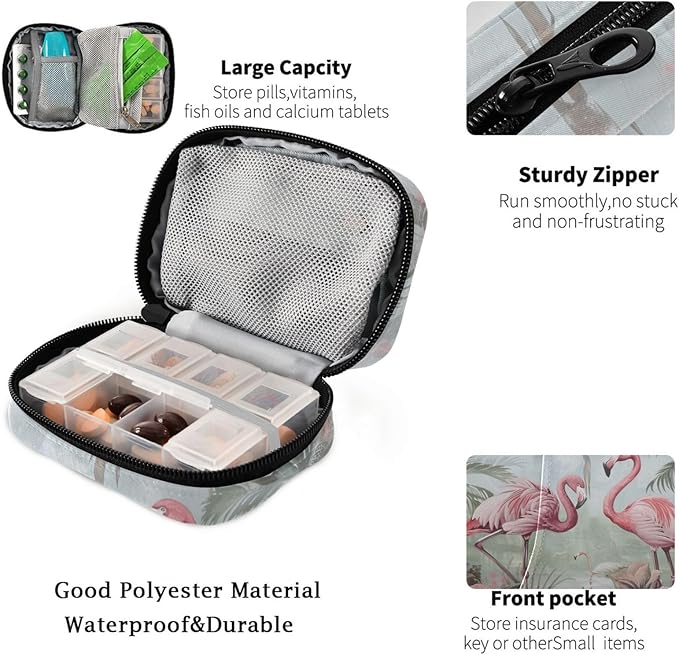 Fustylead Retro Pink Flamingo in Tropical Forest Travel Pill Organizer Bag with Zipper Small Pill Box 7 Day Pill Case for Purse Storage Weekly Vitamin Medicine Supplement
