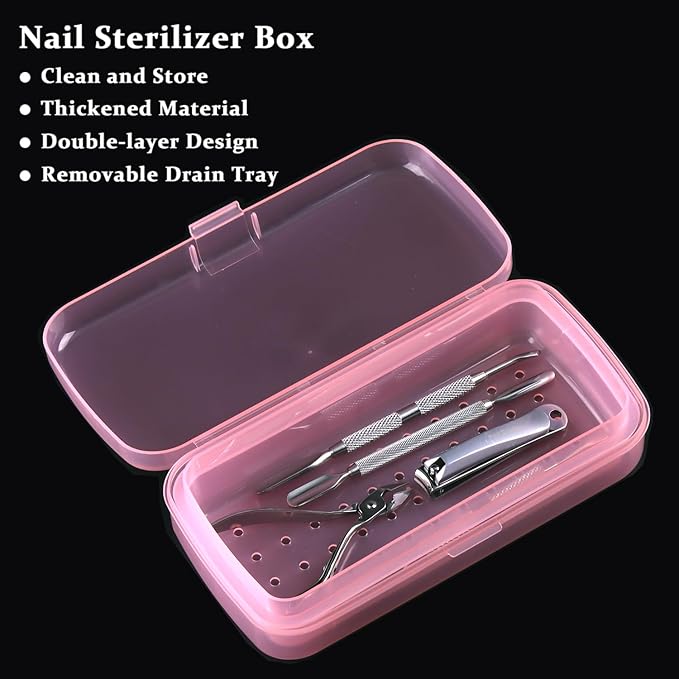 Nail Tool Sterilizer Box Plastic Sterilization Tray for Nail Art Accessories Tools, Disinfectant Container Soaking Box with Strainer Pedicure Manicure Cleaning Equipment, Pink