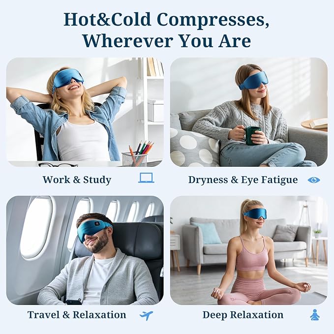 100% Silk Wireless Heated Eye Mask with Cooling - 3 Heat Settings, for Dry Eyes, Puffiness & Dark Circles - Adjustable, Washable, Travel-Friendly (Blue)