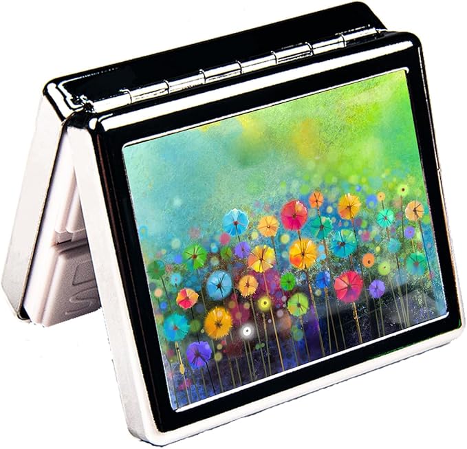7 Days Chromed Shiny Silver Pill Organizer with Mirror Inside Has 8 Separate Compartments Rectangle 7 Days Pill Box Pill Case (Abstract Flower Watercolor Painting)