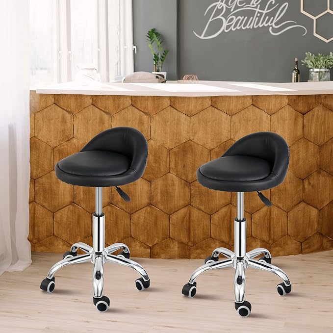 Hydraulic Rolling Stool with Back Support,300LB Capacity Black Adjustable Height Swivel Chair with PU Leather Seat and Lumbar Support,for Salon Spa Tattoo Massage Clinic Office