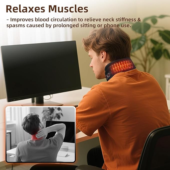 Cordless Neck Heating Pad for Pain, Neck Massager with 660nm 850nm Red Light, Heated Neck Wrap with 3000mAh Rechargeable, 3 Levels Heat & Massage, Black