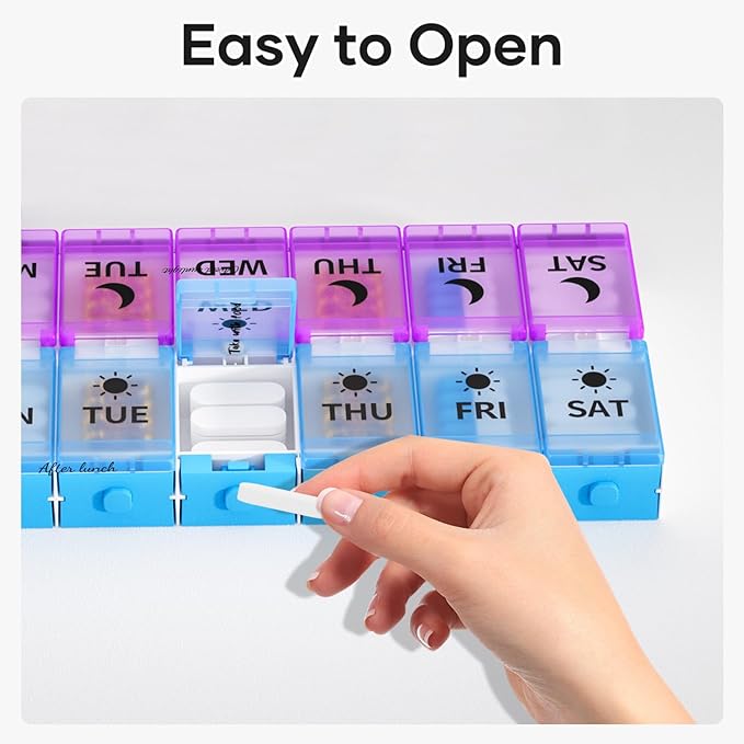 Weekly Pill Organizer 2 Times a Day, Push Button Medicine Pill Organizer, BPA-Free Pill Box Case Container 7 Day AM PM for Vitamins, Fish Oil, Supplements and Medication (Purple & Blue)