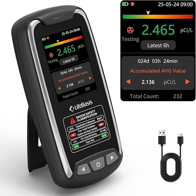 LifeBasis Portable Radon Detector with TFT Color Display, First Result in 6 Hours, Rechargeable Radon Monitor for Home Basement, 504-Day Accurate Data Storage, Visual & Audible Alarm pCi/L or Bq/m³
