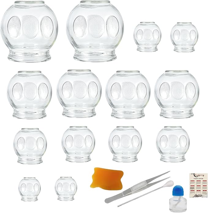 14PCS Glass Cupping Therapy Set Professional Chinese Traditional Acupoint Massage Cups for Cupping Therapy Treatment Thick Glass Cupping Set for Body