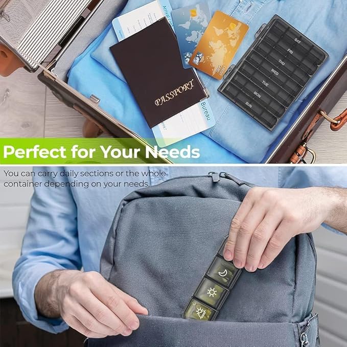 Weekly Pill Organizer 4 Times a Day, Travel Essentials 7 Day Morning and Night Pill Box, Black Daily Am Pm Pill Case for Medication, Vitamins, Fish Oils, Supplements