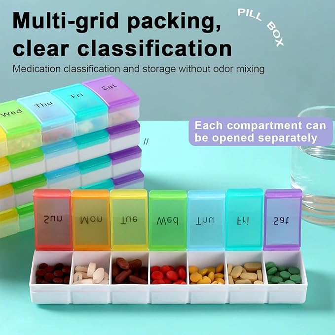 Pill Organizer, Weekly Portable Pill Dispenser, Travel Daily Pill Case Box Holder, 7 Compartment Medication Planner for Vitamin, Medicine, Fish Oil, Supplements (Transparent, 7-Color lid