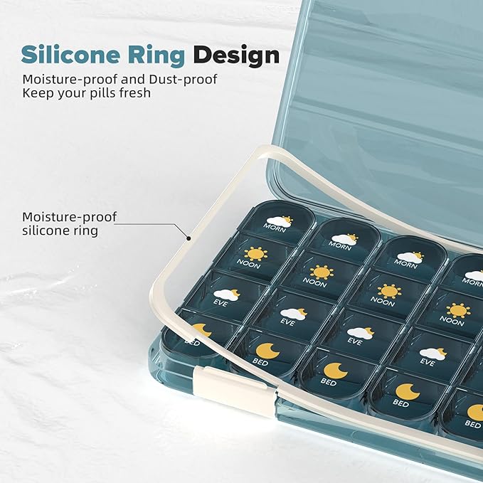 Pill Organizer 7 Day, Weekly Pill Box, Pill Case Large 28 Compartment, Portable Daily Medicine Container (Blue) (Blue, Large)