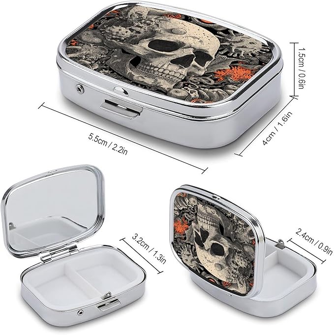 Metal Pill Organizer – 2-Compartment Pocket Pill Box for Vitamins, Supplements, Medications – Compact Travel Case (Mushroom Infestation Skull)