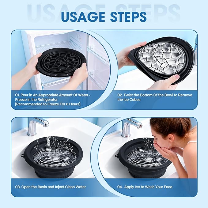 Portable Facial Ice Bath Bowl - Foldable Silicone Bowl with Built-In Ice Tray for Skincare, Suitable for Skin Facial Icebath at Home (Black)