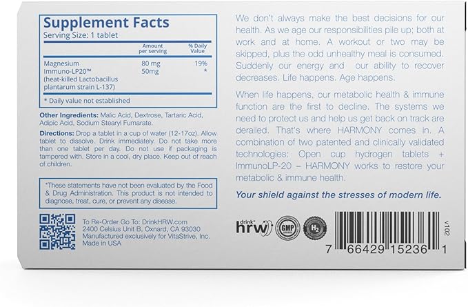 DRINK HRW Harmony Molecular Hydrogen Water Tablets: ImmunoLP20 Magnesium for Energy Boost, Mental Focus, Stress Support, Daily Antioxidant Health Supplement (Unflavored, 30 Count)