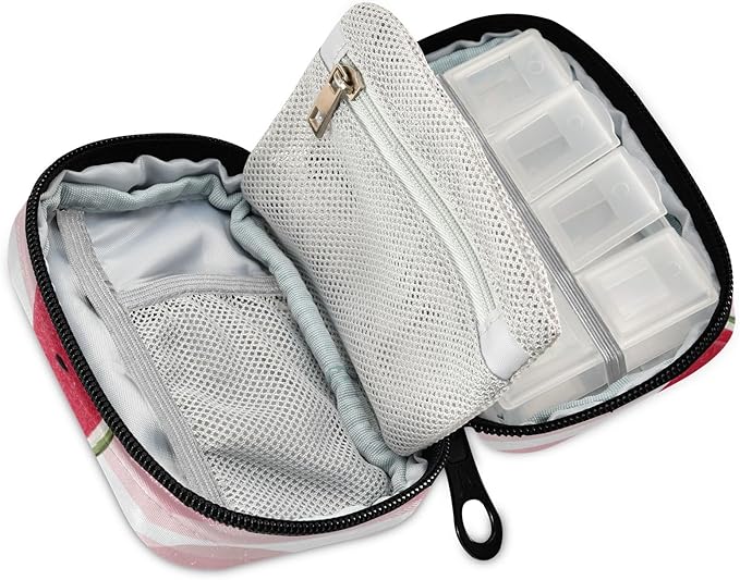 Pink and White Striped Juicy Watermelon Slices Travel Pill Organizer Case Box Container Weekly Portable Vitamin Medicine Holder Storage Bag with Zipper Removable