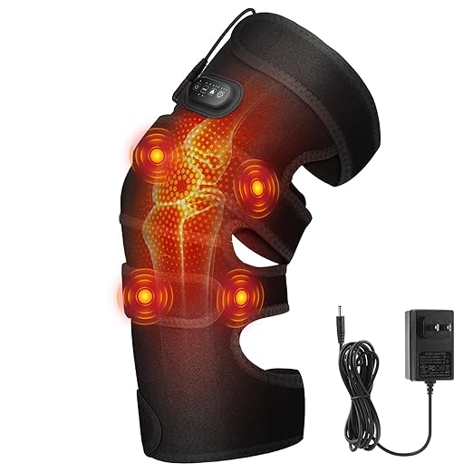 Extra-Large Heated Knee Massager with 4 Motor Vibration, Heating Pad Vibration for Pain Relief, Knee Brace Knee Wrap Adjustable 5 Massage Modes &3 Heated 12V Direct Plug Power Supply