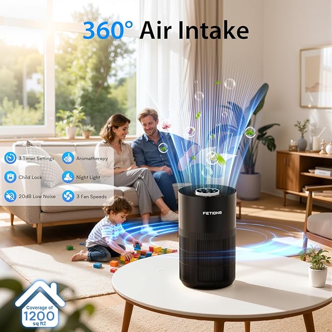 Air Purifiers for Bedroom Home, Quiet Air Cleaner With Sleep Mode Night Light, Small Air Purifier Covers Up to 1200ft², 360° Air Intake, 3 Speeds, Timer, Aroma Function, Black