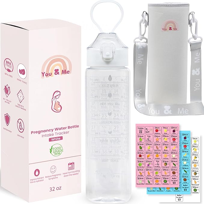 You & Me Pregnancy Water Bottle (32 oz) with Carry Sleeve – Hydration Tracker for Expecting Moms, Milestone Stickers (Pink/Blue/Neutral), BPA-Free, Covered Straw Lid – Gift for Pregnancy & New Moms