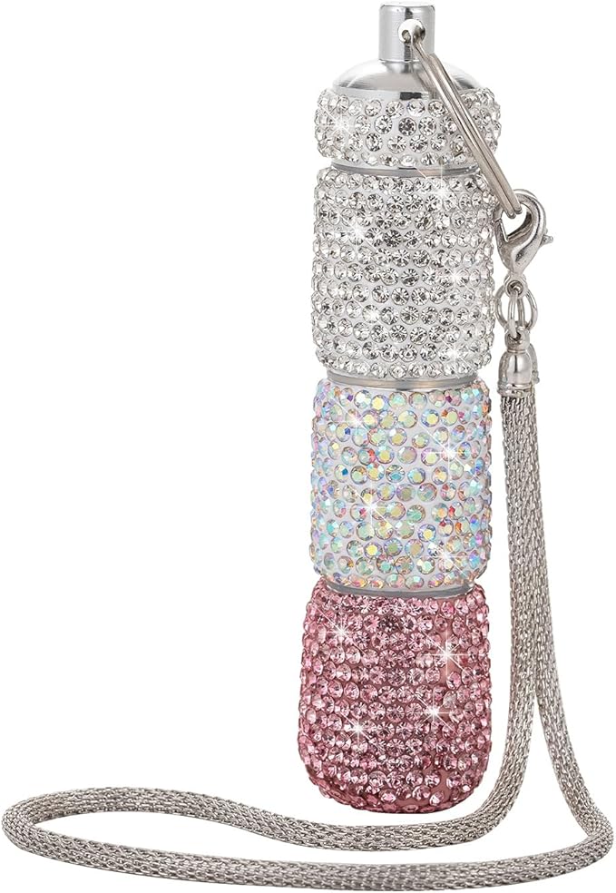 3 Compartment Small Pill Holder Keychain Bling Pill Container with Key Chain Travel Pill Organizer Medicine Box for Women (White+AB+Pink)