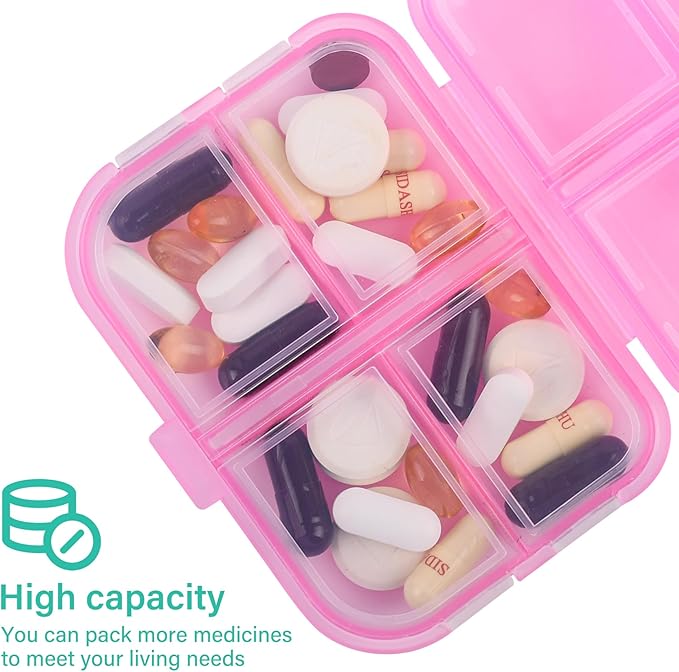 Travel Pill Organizer Small 8 Grid Compartments Pill Holder Box - Portable Medicine Container Case - Daily Weekly Medication Organizer