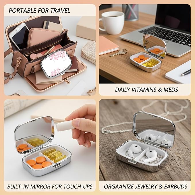 Square Pill Case Small Pill Box with Mirror Pocket 2 Compartment Vitamin Pill Medicine Case Organizer Pill Containers for Traveling Cherry Blossom