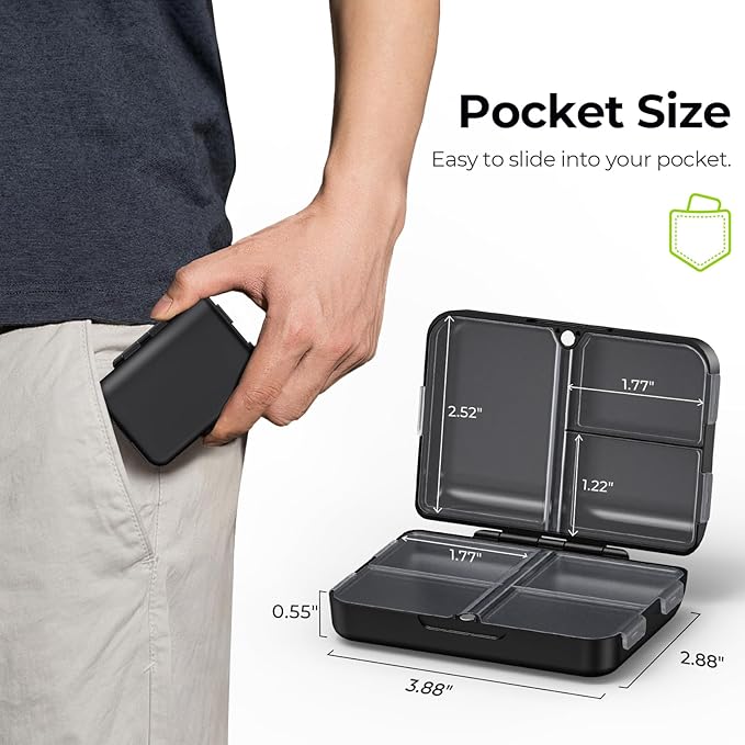 AUVON Daily Pill Organizer Fit with Your Purse or Pocket, Compact Travel Pill Box Case with Slim Folding Design and Long-Lasting Hinges to Hold Vitamin, Fish Oil, Supplement or Jewelry(Black)