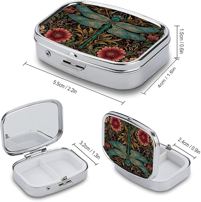 Metal 2 Compartment Pill Organizer Travel Friendly Portable Compact Pill Box Cute Pill Case,for Pocket Wallets Daily Portable Medicine Vitamin Tablet Storage (Dragonfly)