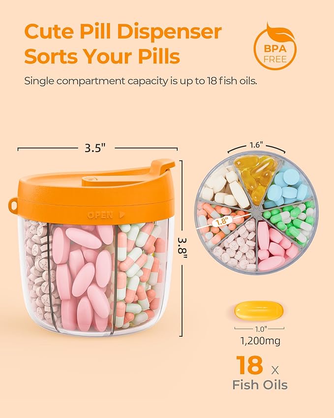 Cute Pill Dispenser with 7 Large Compartments, Portable Pill Bottle Organizer with Wide Opening for Easy Use, Anti-Mix Pill Organizer for Travel, BPA-Free Pill Container, Orange