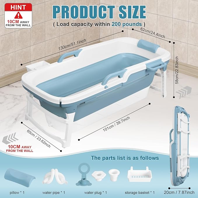 51" Portable Bathtub for Adult,Foldable Tub with Handle,Ergonomic Headrest,Soaking Tub,No Lid,Large Collapsible Bathtub for Shower Ice Bath,Hot Bath,Home Sauna, Sweat Steaming (Blue, 130 cm)