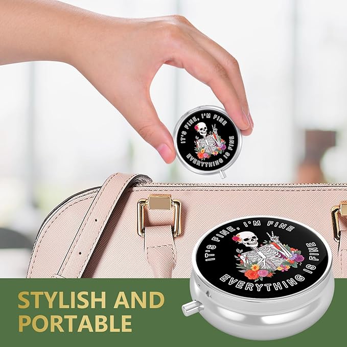 Nipichsha Pill Box, Small Pill Case for Purse & Pocket, Cute Travel Medicine Organizer, Portable Medicine Container Holder to Hold Vitamins, Medication, Fish Oil & Supplement, Flower Skull