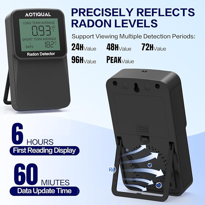 Digital Radon Detector LCD Display Dual USB Battery Power Options 3 Year Battery Life 10 Year Sensor Lifespan Accurate pCiL Concentration Detection for Home and Office Use