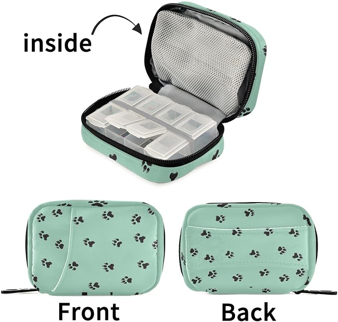 Dog Paw Print Travel Medicine Organizer Bag Compact Pill Case with Inner Compartments & Secure Zipper for Women Men Seniors
