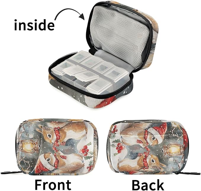 Christmas Squirrels Watercolor White Travel Pill Organizer Case Box Container Weekly Portable Vitamin Medicine Holder Storage Bag with Zipper Removable