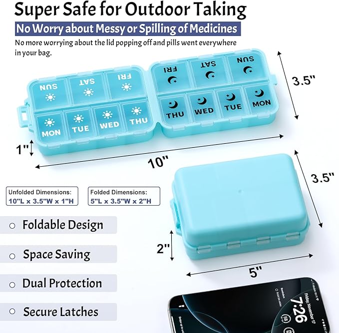 Foldable & Portable Weekly Pill Organizer 2 Times a Day with Clear Printed Labels - 7 Day AM PM Medicine Box, Week Daily Travel Pill Meds Case Holder for Medications, Vitamin, Supplement - SkyBlue