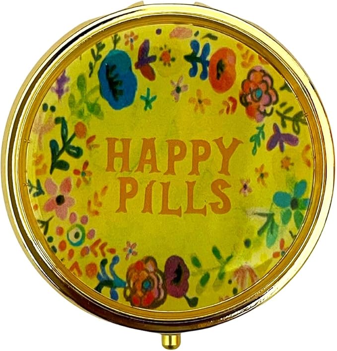 Happy Pills Pill Organizer Cute Metal Pill Case Travel Friendly Portable Compact Pill Box Pill Container to Hold Tylenol/Vitamins/Supplements/Meds/Tablet for Purse/Pocket(Round,Upgraded with Mirror)