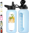 CIVAGO 32 oz Glass Water Bottle with Straw and Handle, Large Sports Motivational Water Bottle Flask with Time Marker, Leakproof Water Jug Canteen with Silicone Sleeve for Gym,Light Blue