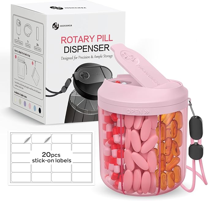 Pill Organizer with 7 Large Compartments, Pill Dispenser for Travel, Supplement Organizer with Anti-Mixing Design, BPA-Free Pill Container with 20 Pcs Labels, Pink