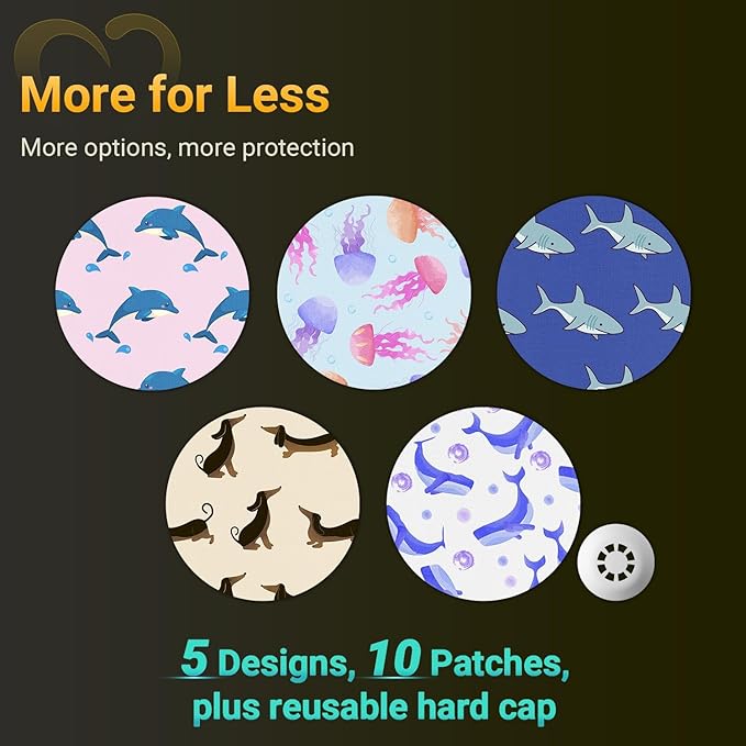 Libre 3 Plus Sensor Covers Waterproof, Amolyfe 10 Pack Freestyle Libre 3 Covers, Bump-Proof with Hard Cap, Breathable Latex Free Glucose Sensor Adhesive Patches, 14-Day CGM Protection (Dolphin Shark)