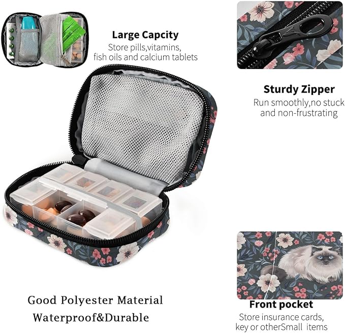 Fustylead Fluffy Cute Birman Cat and Blooming Flower Pill Organizer and Storage Weekly with Zipper, Removable Pill Box Portable Medicine Organizer for Vitamin Fish Oil Supplement
