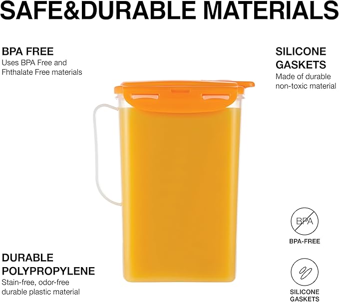 LocknLock Aqua Fridge Door Water Jug with Handle BPA Free Plastic Pitcher with Flip Top Lid Perfect for Making Teas and Juices, 2 Quarts, Orange
