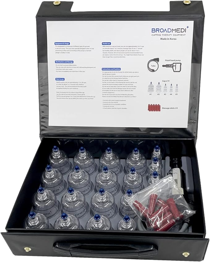 Premium Cupping Therapy 19 Cups Set, Including Pump Handle, Extension Tube, Massage Sticks, Made in Korea
