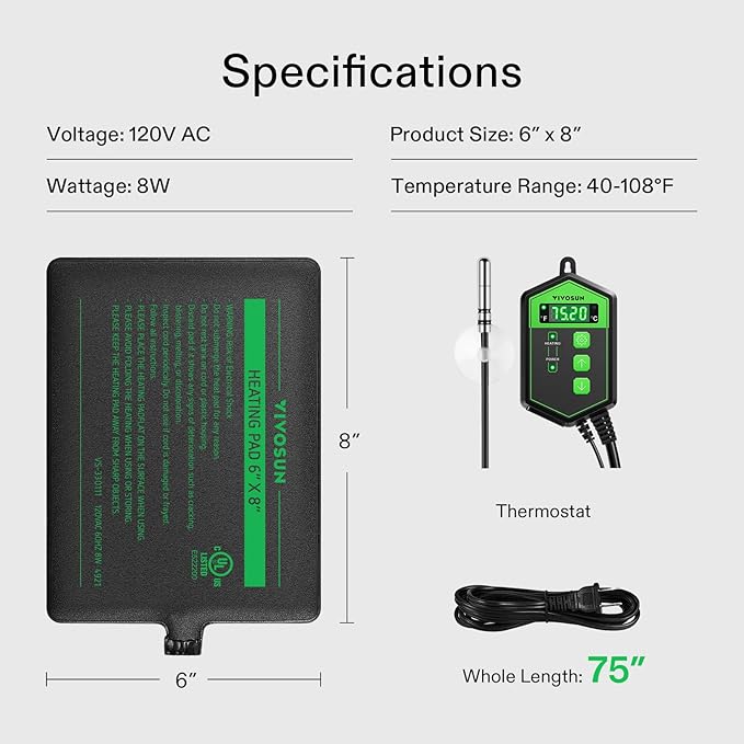 VIVOSUN Reptile Heating Pad 6x8 Inch with Thermostat Combo Under Tank Terrarium Heating Mat for Turtles, Lizards, Frogs, and Other Reptiles (Pack of 2)
