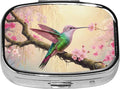 Square Pill Case Small Pill Box with Mirror Pocket 2 Compartment Vitamin Pill Medicine Case Organizer Pill Containers for Traveling Cherry Blossom Hummingbird