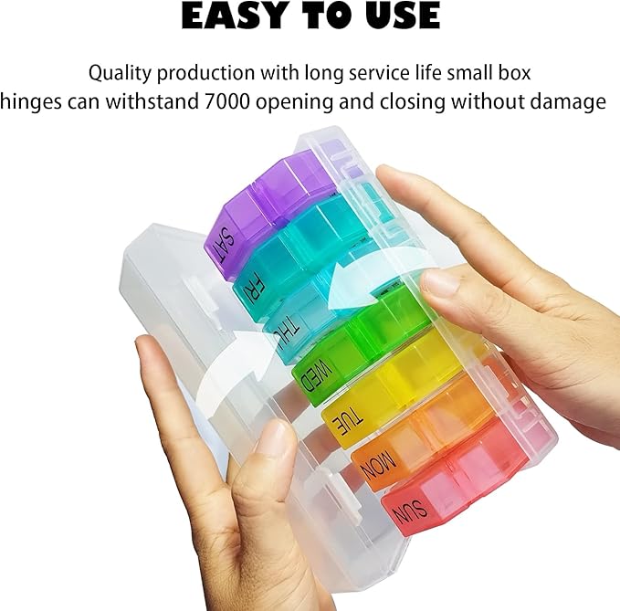 Weekly Pill Organizer 4 Time a Day，Pill Dispensers， Pill Box 7 Day with 28 Extra Large Compartments Portable Travel ，4 Times a Day Pill Case, for Medication/Vitamins/Fish Oils (Transparent +Colorful)