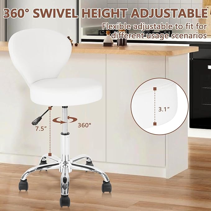 Adjustable Swivel Rolling Stool Chair with Backrest and Wheels, Multi-Purpose Office Desk Chair, Thick Seat Cushion for Home Bar Kitchen Shop, White