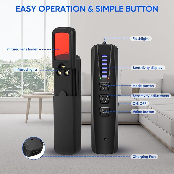 AI Hidden Camera Detector, Anti-Spy Camera Finder RF Signal & WiFi Scanner Hidden Devices Detector for GPS Trackers, 4 Modes for Hotel, Bathroom, Office, Car Travel Security (Black)