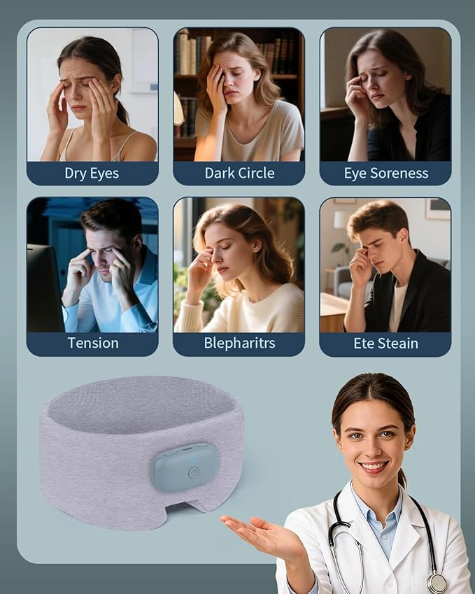 Heated Music Sleep Mask - Eye Mask for Sleep with Heat & Music, 3 Heat Levels, Bluetooth 6.0, Soft Fabric for Eye Strain, Dry Eyes & Migraine Relief - Unisex, Light Gray