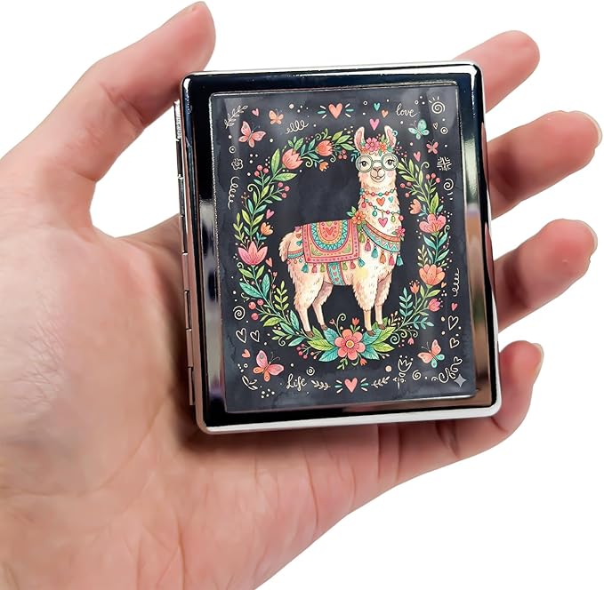 Metal 7 Day Pill Organizer, Weekly Pill Case with 8 Compartments, Travel Pill Box for Purse & Pocket, Small Medicine & Vitamin Organizer with PP Dividers (Floral Llama)