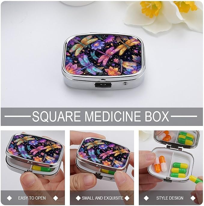 Metal 2 Compartment Pill Organizer Travel Friendly Portable Compact Pill Box Cute Pill Case,for Pocket Wallets Daily Portable Medicine Vitamin Tablet Storage (Painted Dragonfly)