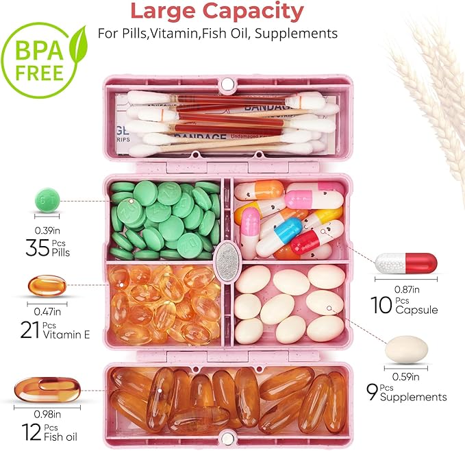 Zentiky Small Daily Pill Organizer with Labels, Medicine Pill Organizer Fit with Your Purse or Pocket for Travel to Hold Vitamin, Fish Oil, Supplement,Cotton Swabs, Bandages or Jewelry-Pink