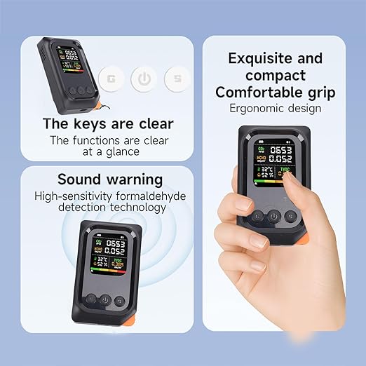 5 in 1 Air Quality Detector, CO2 TVOC HCHO Temp Humid Monitor Rechargeable Battery Voice Alert for Home Office Travel